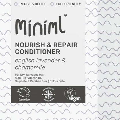 Miniml Nourish & Repair Conditioner packaging with text and logos on a white background