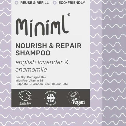 Miniml Nourish & Repair Shampoo packaging with lavender and chamomile text on a wavy patterned background.