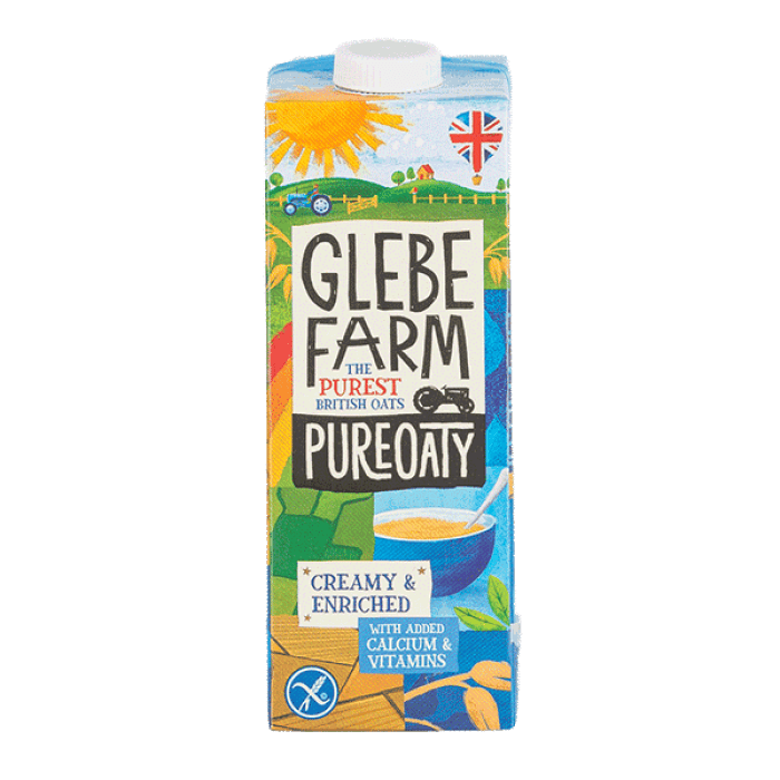 PureOaty Creamy Enriched Oat Drink 1L carton with colorful farm illustration and nutrition highlights seating on a white background
