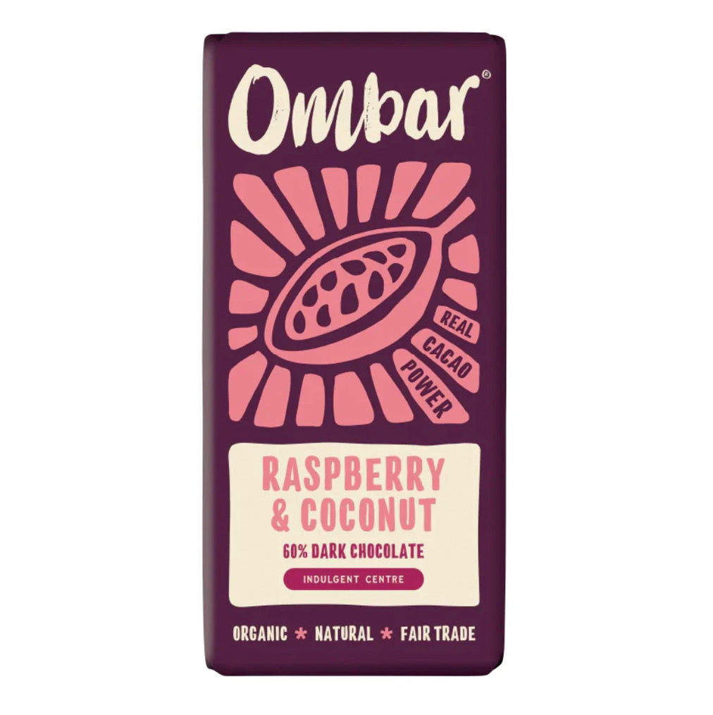 A Ombar Raspberry & Coconut 60% dark chocolate bar package, featuring a deep purple background with a pink cacao pod illustration and a cream-colored label at the bottom.
