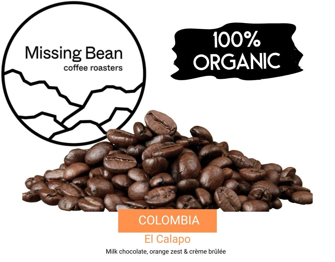 Coffee beans with 'Missing Bean' logo and '100% Organic' label on a white background