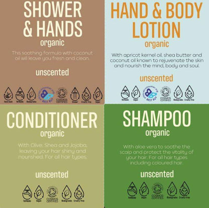 Body and Hair ORGANIC and UNSCENTED Bulk natural skincare refill labels for shower, lotion, conditioner, and shampoo