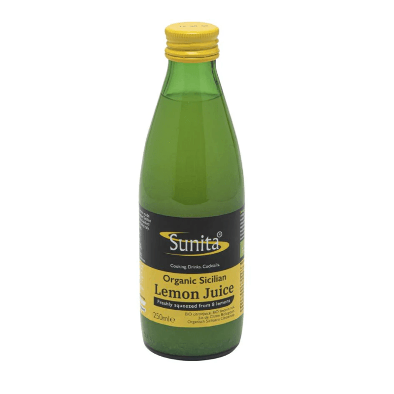 Green glass bottle with yellow cap containing Lemon Juice ORGANIC (250ml) with black and yellow label