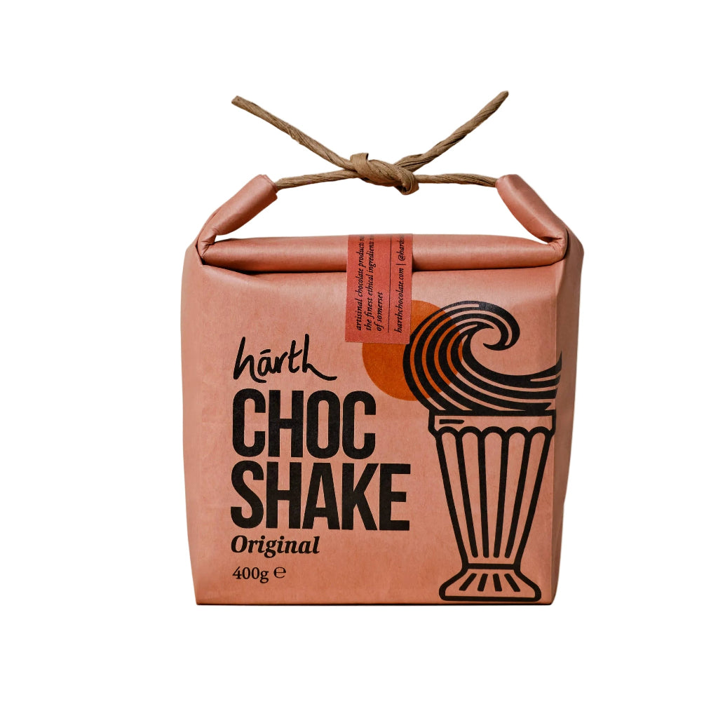 Pink packaging of a chocolate shake with branding on a white background