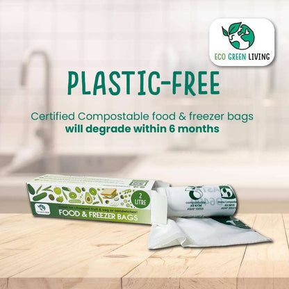 Eco-friendly compostable food and freezer bags with packaging on a wooden surface, featuring the Eco Green Living brand.