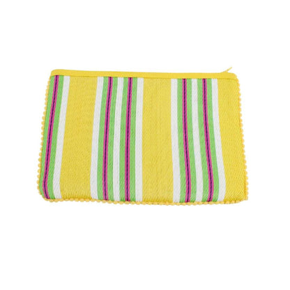 Yellow fabric pouch with colorful stripes on a white background