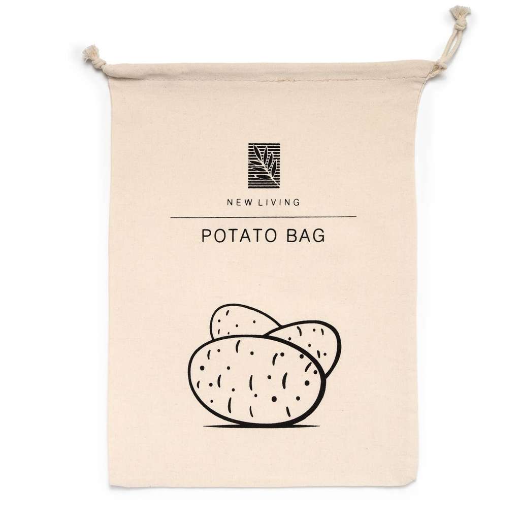 Beige potato bag with 'New Living' branding and potato illustration on a white background