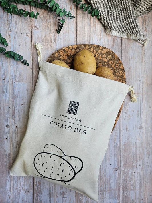 New Living Potato Bag with potatoes on a wooden surface