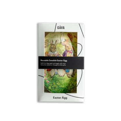 Refillable Easter Egg Box with reusable Swedish Easter egg featuring illustrated rabbits in a nature scene