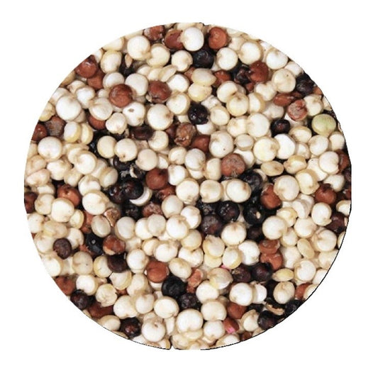 mixed white, brown, and black quinoa on a white background