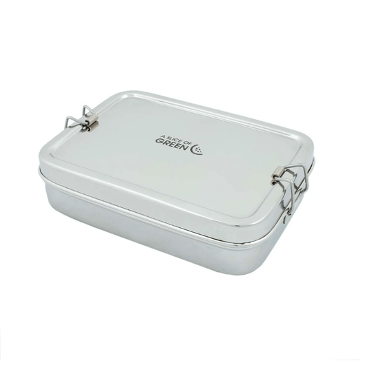 White metal lunch box with 'A Piece of Green' logo on a white background