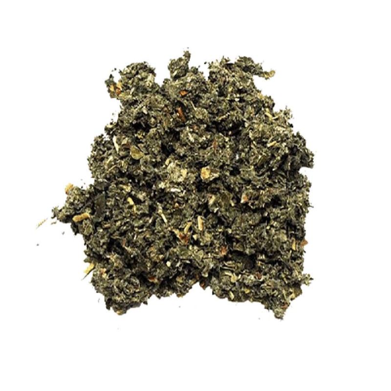 Close-up of dried herbal leaves for Raspberry Leaf Tea (per 100g) in a loose, natural form.