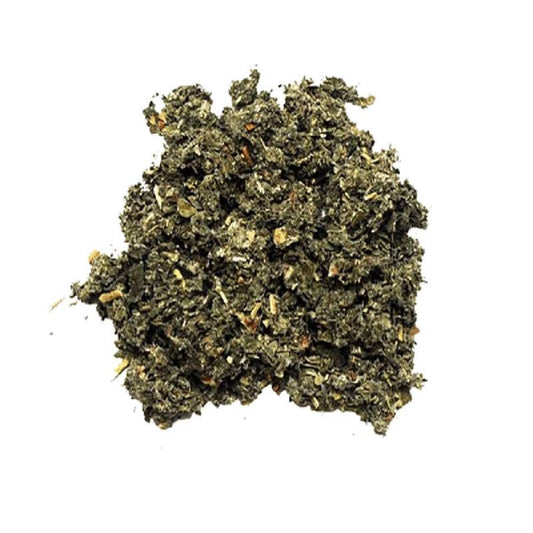 Close-up of dried herbal leaves for Raspberry Leaf Tea (per 100g) in a loose, natural form.
