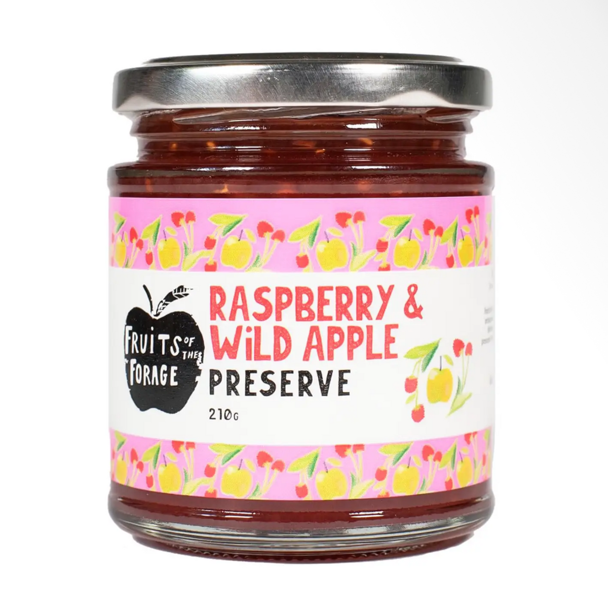 A glass jar of Fruits of the Orange Raspberry & Wild Apple Preserve with a colorful pink label and a silver metal lid, shown against a white background.