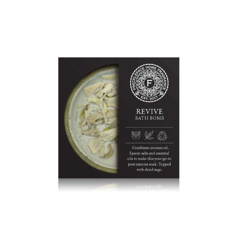 Bath bomb in packaging with brand logo and product name on a white background