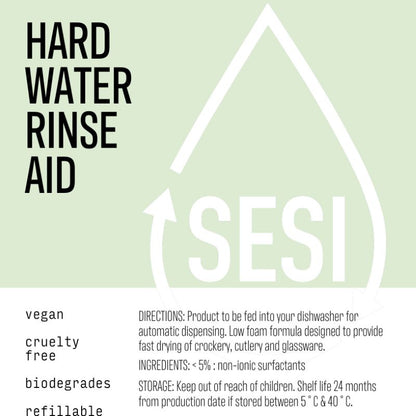 Hard Water Rinse Aid label with SESI branding