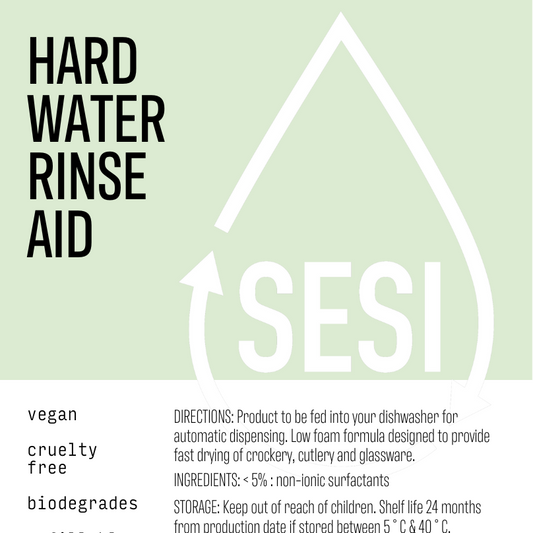 SESI hard water rinse aid packaging with text and logo on a light green background