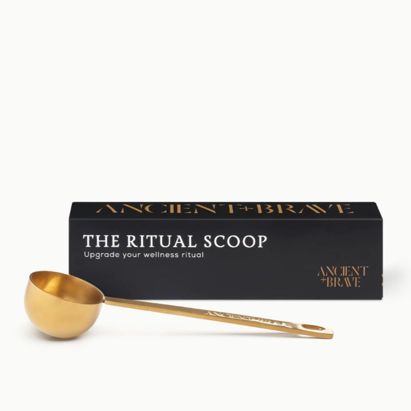 Gold scoop with 'Ancient & Brave' packaging on a white background
