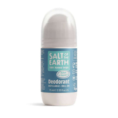 Natural Refillable Roll-On Deodorant (75ml) with ocean coconut scent, plastic free and plant-based natural skincare product