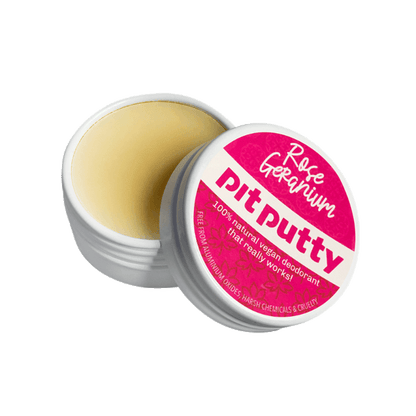 Natural ORGANIC Deodorant in Tin showing smooth cream in open container with Rose Geranium label design