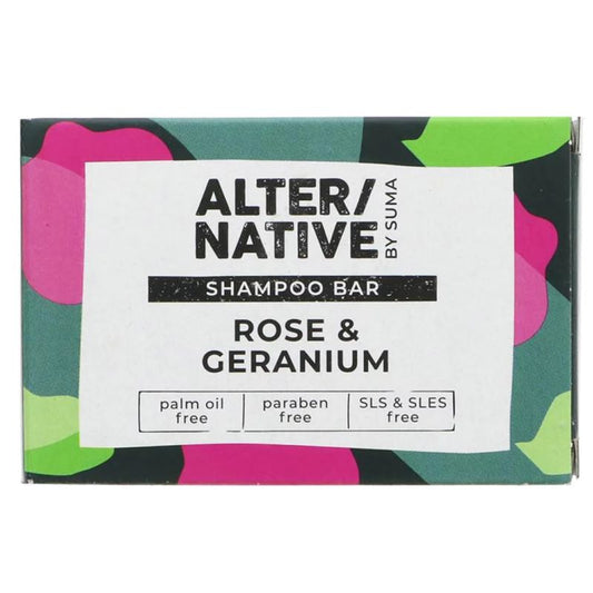 Shampoo bar with 'Alter/native by Suma' branding and colorful packaging on a white background
