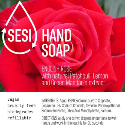 Pre-filled amber glass bottle of SESI liquid hand soap with a label showing a close-up of a red rose and the text 'ENGLISH ROSE' along with mentions of vegan, biodegradable, and refills.