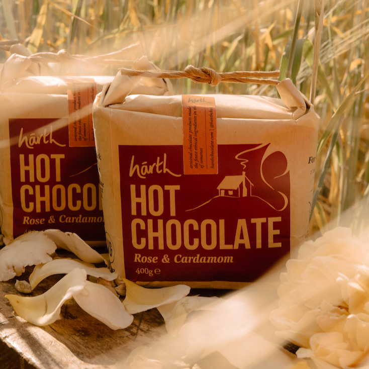 Two square packages of härth Hot Chocolate Rose & Cardamom hot chocolate placed in a rustic field setting with dried grass, petals, and flowers around them.