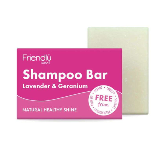 Shampoo bar with pink packaging labeled 'Friendly Soap' on a white background