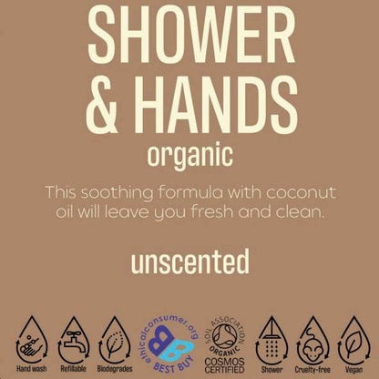 Label design emphasizing Body and Hair ORGANIC and UNSCENTED Bulk with natural skincare and refillable icons