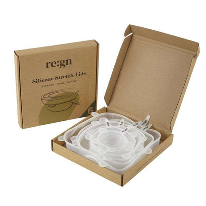 A set of silicone stretch lids in various sizes, presented in an eco-friendly packaging with the brand name 're:gn' visible on the box.
