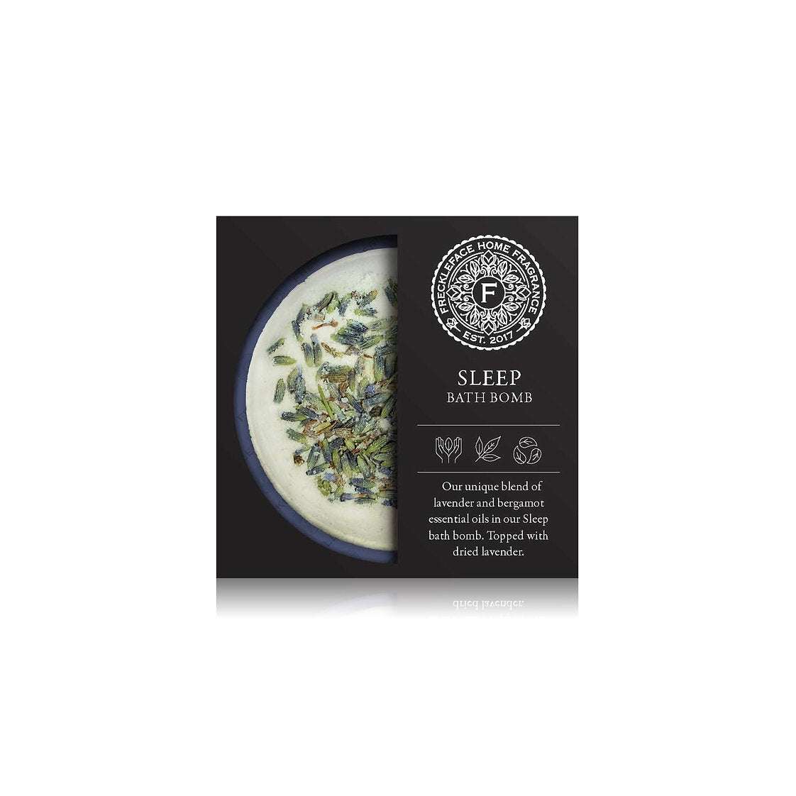 Sleep bath bomb packaging with visible ingredients on a white background