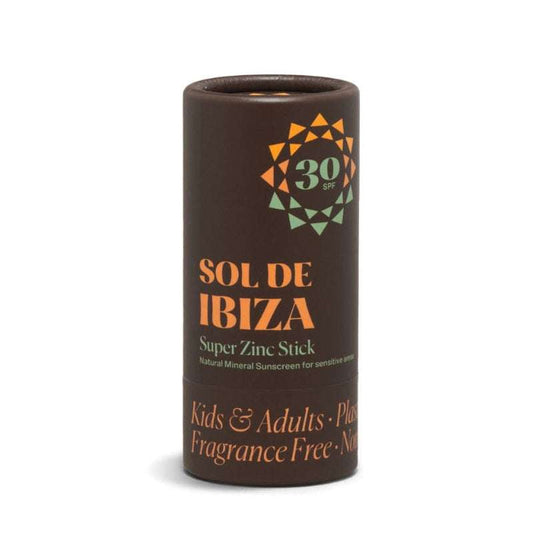 Brown carboard tube of Sol de Ibiza sunscreen stick on a white background