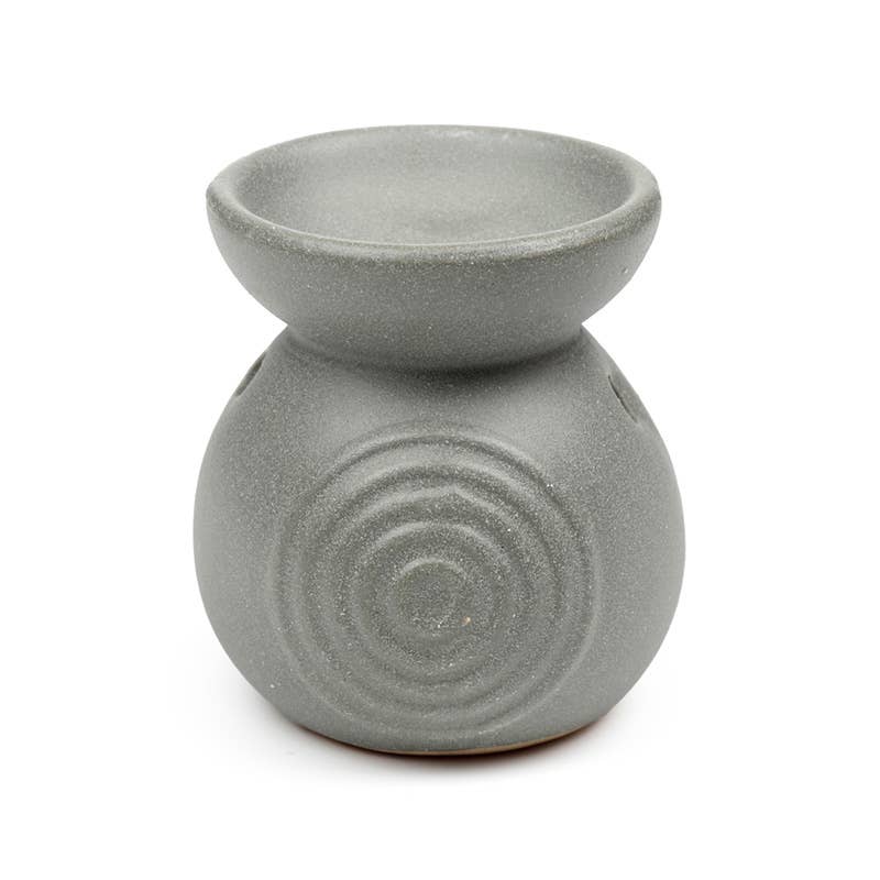 Gray ceramic oil burner with a textured design on a white background