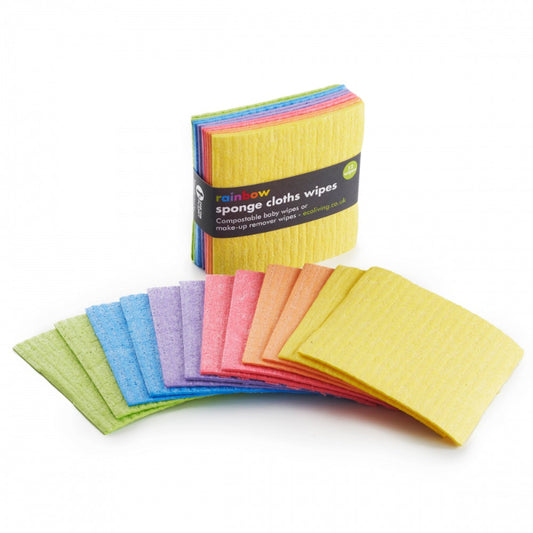 Pack of colorful sponge cloths with a visible brand label