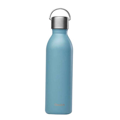 Blue water bottle with silver cap on a white background