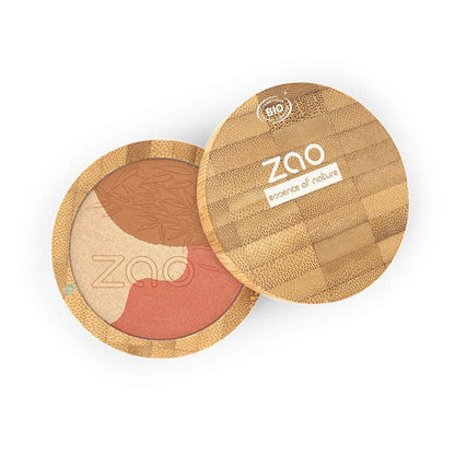 Open ORGANIC Sublime Mosaic Powder REFILLABLE compact showing three natural powder shades in eco-friendly bamboo packaging