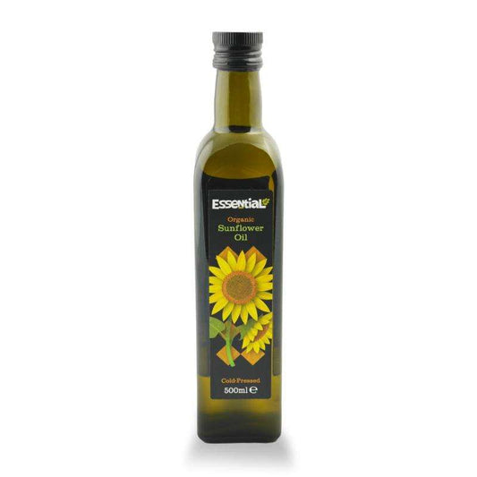 Bottle of Sunflower Oil ORGANIC (500ml) with yellow sunflower image on label and black screw cap against white background