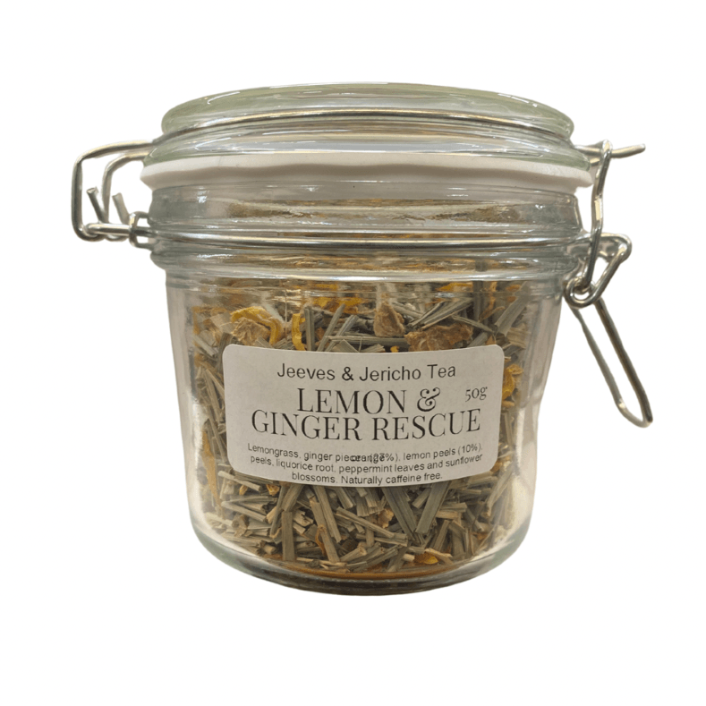 Infused Tea in Kilner Jar with natural lemon and ginger rescue blend, sustainable and cruelty-free packaging