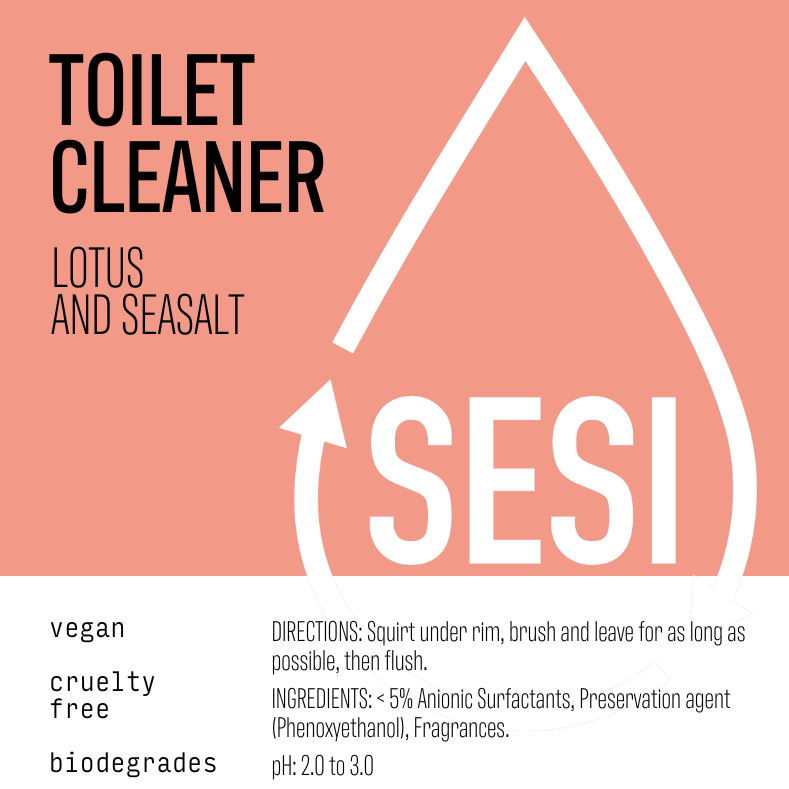 SESI toilet cleaner packaging with branding and product details on a pink background