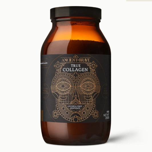 Brown supplement bottle labeled 'True Collagen' on a white background