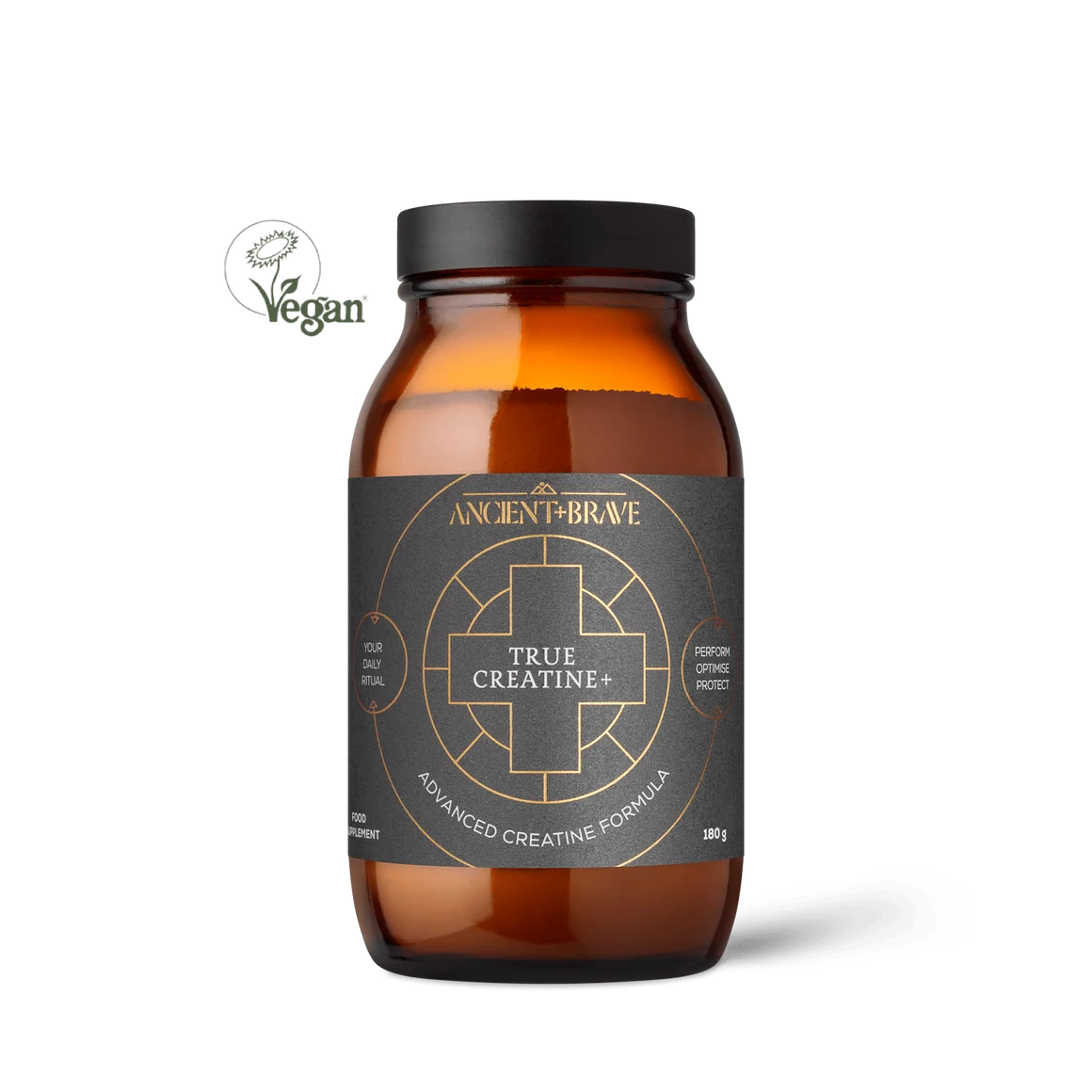 An amber glass supplement bottle with a black lid and a dark charcoal label featuring gold text and geometric designs. The label reads 'ANCIENT FIREBONE TRUE CREATINE+' and 'ADVANCED CREATINE FORMULA'.
