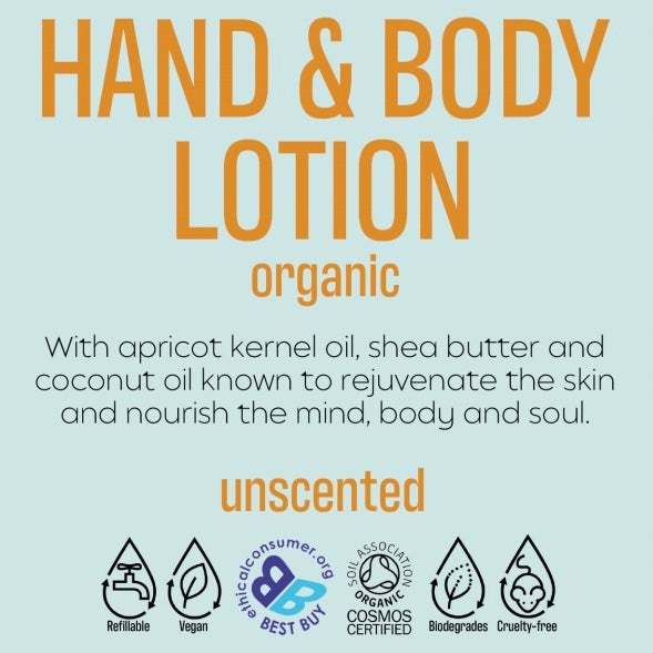 Label of organic hand and body lotion in a refillable amber glass bottle, unscented, with key visuals indicating organic, vegan, and cruelty-free certifications.