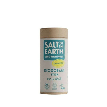 Refillable Natural Deodorant Stick (84g) in eco-friendly packaging, unscented, natural skincare, plastic free, vegan option
