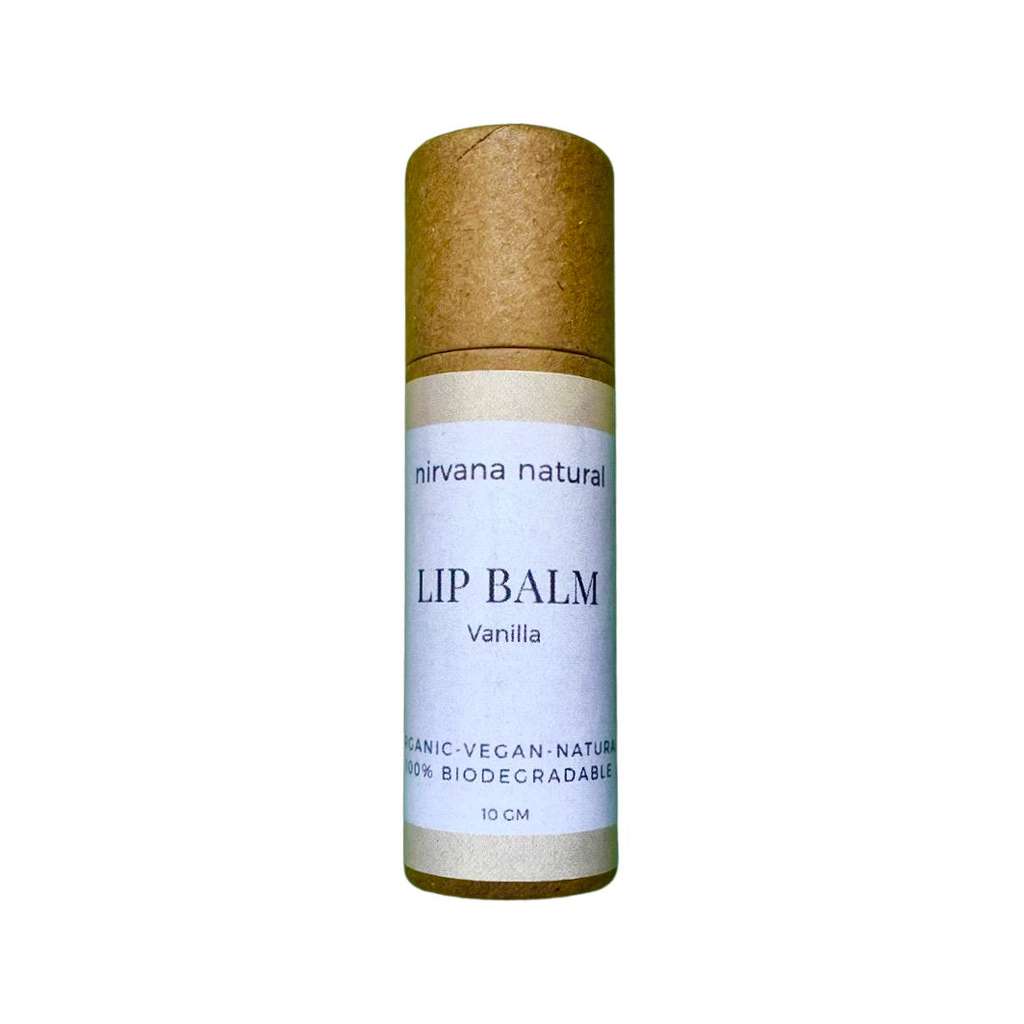 Lip balm with 'nirvana natural' branding on a white background