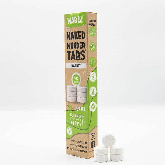 Box of Wablu Naked Wonder Tabs laundry detergent with packaging details on a white background