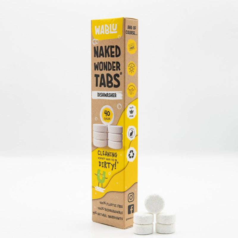 Box of Naked Wonder Tabs dishwasher cleaning tablets with tabs on a white background