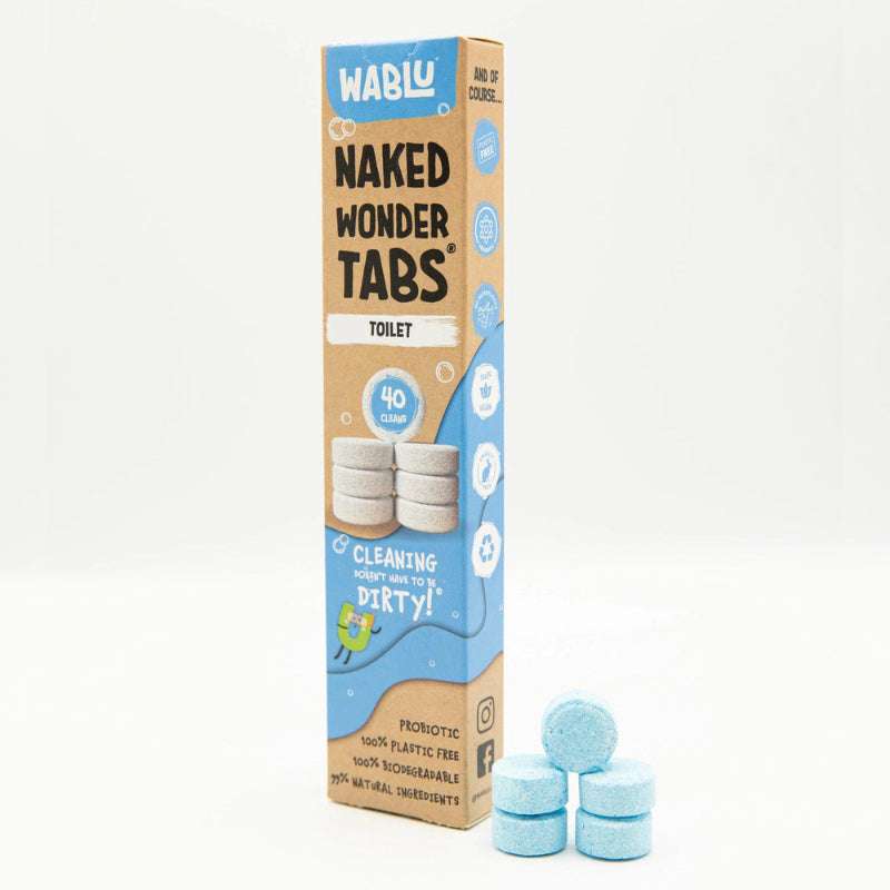 Box of Toilet Tablets (40) with blue and natural packaging next to four stacked blue cleaning tablets