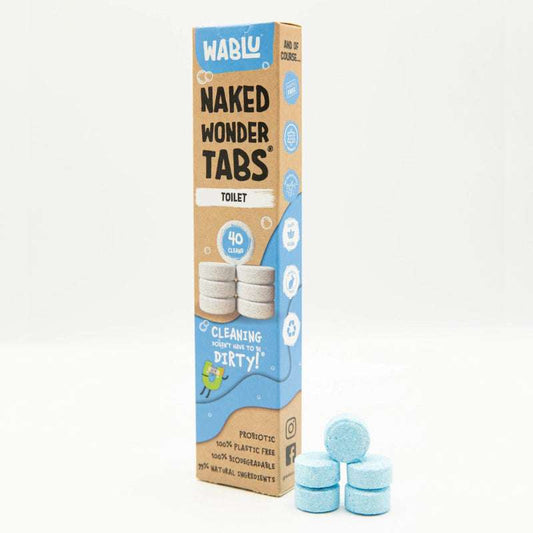 Box of Toilet Tablets (40) with blue and natural packaging next to four stacked blue cleaning tablets