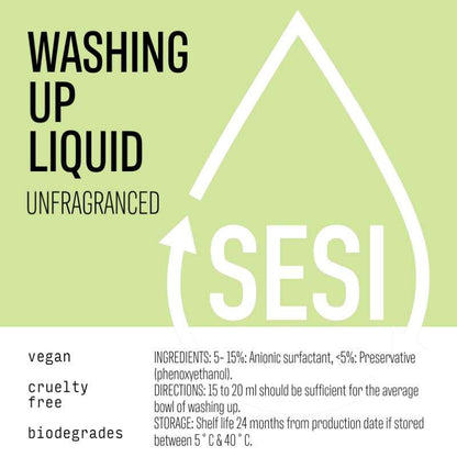 Pre-filled returnable amber glass bottle of SESI Washing Up Liquid Unfragranced, with text highlighting vegan, no fragrance, and cruelty-free attributes.