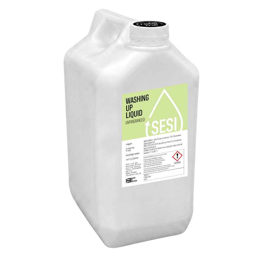 Large container of washing up liquid with a green label on a white background